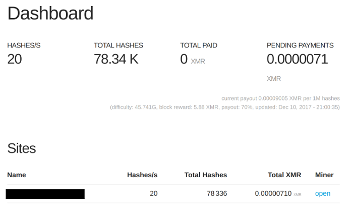 coinhive Dashboard Page